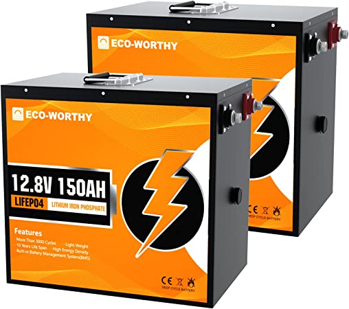 ECO-WORTHY 12V 300AH Lithium RV Batteries(2 Pack 150AH), Safer Metal Case, Rechargeable LiFePO4 Lithium Ion Phosphate Deep Cycle Battery with BMS, Also for Marine, Motorhome, Solar, Household battery