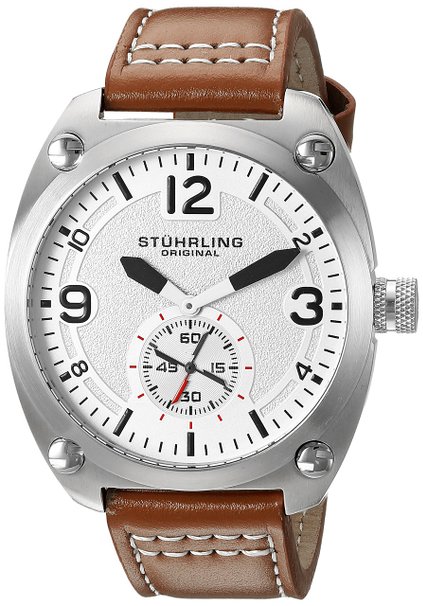 Stuhrling Original Men's 581.02 Aviator Quartz Stainless Steel Watch with Tan Leather Strap