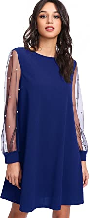 DIDK Women's Tunic Dress with Embroidered Floral Mesh Bishop Sleeve