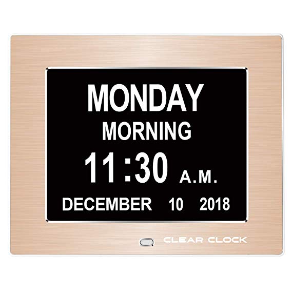 Clear Clock 2.0 Special Edition Metal Frame Extra Large Memory Loss Digital Day Clock Calendar with 12 Alarms Perfect for Seniors and Impaired Vision Dementia Clock (Gold Metal Frame)