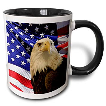 3dRose 21650_4 Bald Eagle and American Flag - Two Tone Black Mug 11 oz Multicolor