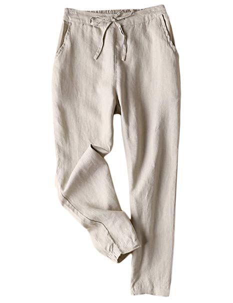 Jenkoon Women's Linen Pants Back Elastic Drawstring Tapered Pants Lightweight Summer Trousers