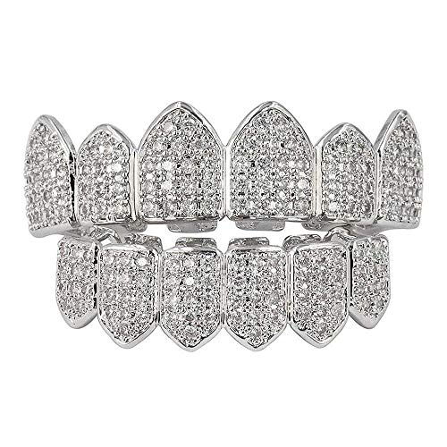 HonsCreat Silver Plated Bling Bling Cubic Zirconia Top & Bottom Grillz Mouth Teeth With Molding Bars