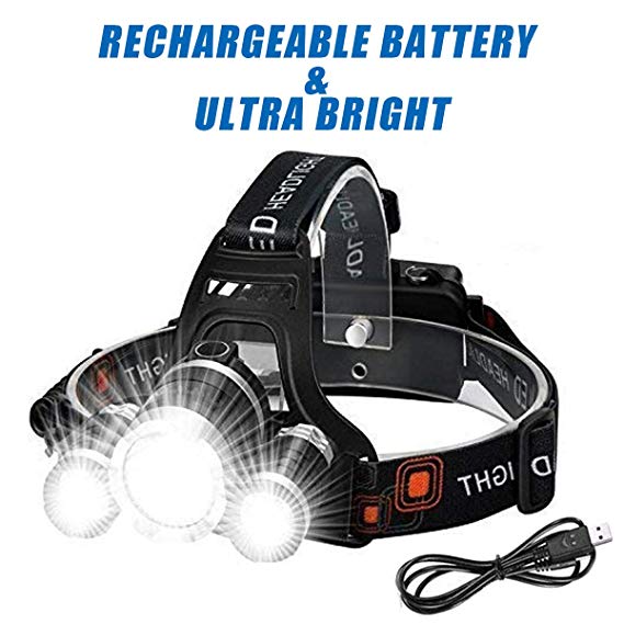 Wesho LED Head torch Rechargeable headlight with 3 Lights 4 Modes, 6000 Lumen Super Bright LED Head Lamp, Hands-free flashlight Head Torch for Running, Camping, Fishing, Cycling, Hiking, Waterproof