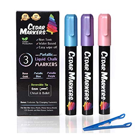 Cedar Markers Liquid Chalk Markers. 3 Metallic Chalk Markers for Blackboards, Chalk Pens Chalkboard Markers, Window Markers for Window Paint. Use on Non-Porous Menu Board, Blackboard. (3 Metallic)