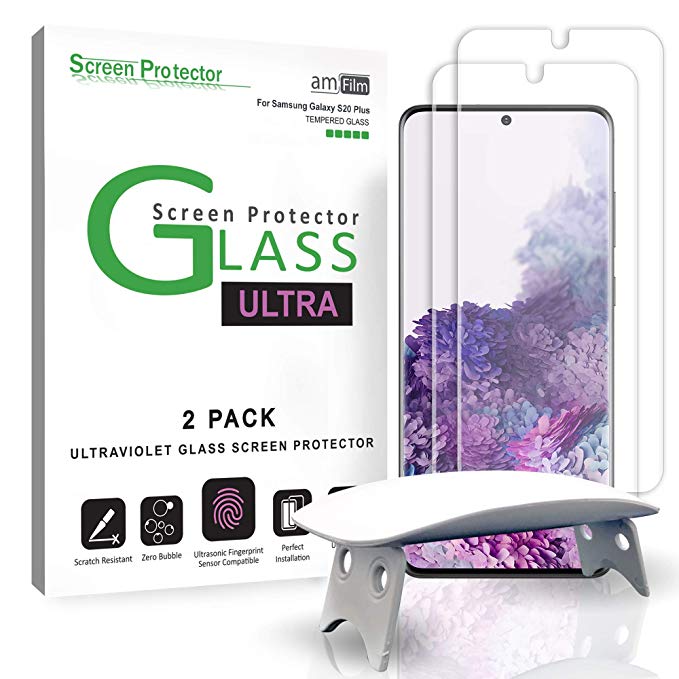 amFilm Ultra Glass Screen Protector for Galaxy S20 Plus, (2 Pack) UV Gel Application, Tempered Glass, Compatible with UltraSonic Fingerprint Scanner for Galaxy S20 Plus (2020)