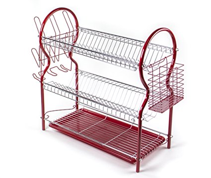 Spacesaver 3-Tier Stainless Steel Dish Rack System, Red