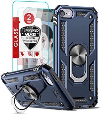 iPod Touch 6th Generation Case, iPod Touch 7th Generation Case with [2Pack] Tempered Glass Screen Protector, LeYi Military Grade Phone Case with Ring Kickstand for Apple iPod Touch 7/6/5, Blue