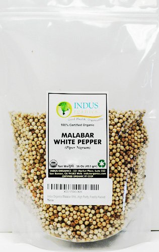 Indus Organics Malabar White Peppercorns, 1 Lb Bag, Premium Grade, High Purity, Freshly Packed