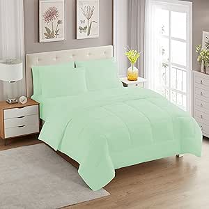 Sweet Home Collection 7 Piece Comforter Set Bag Solid Color All Season Soft Down Alternative Blanket & Luxurious Microfiber Bed Sheets, Mint, Full