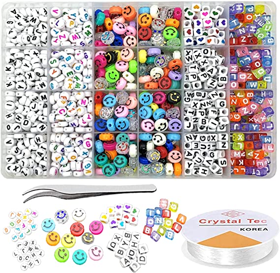 Trasfit 1200Pcs Smiley Face Beads Letter Beads for Bracelet Making, 10mm Happy Face Spacer Beads, Cube Round A-Z Alphabet Beads with Tweezer Elastic Cord for Jewelry Making
