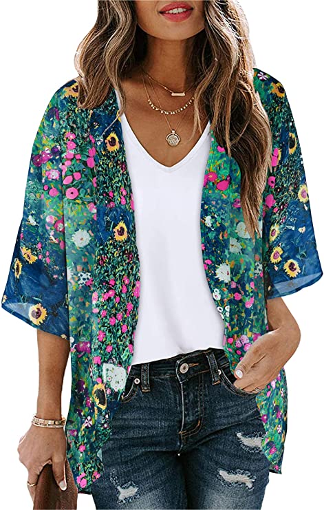 Women's Floral Print Puff Sleeve Kimono Cardigan Loose Cover Up Casual Blouse Tops