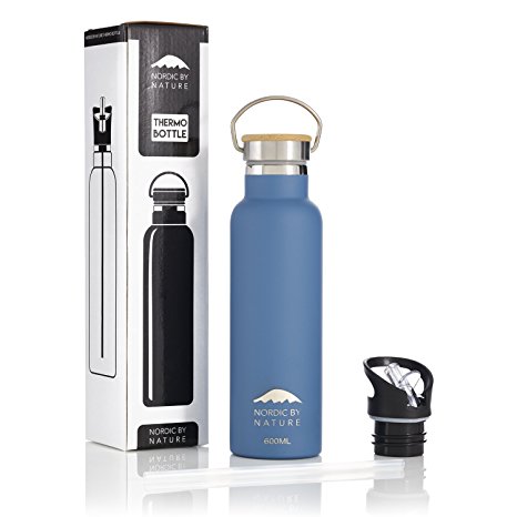 Thermo Insulated Water Bottle With Straw, for Cold and Hot Liquids, 20 oz. ~ 2 Interchangeable Lids ~ Maintains Temperature for Up to 6 Hours ~ For Adults & Kids ~ For Camping, Sports, Gym, & More.