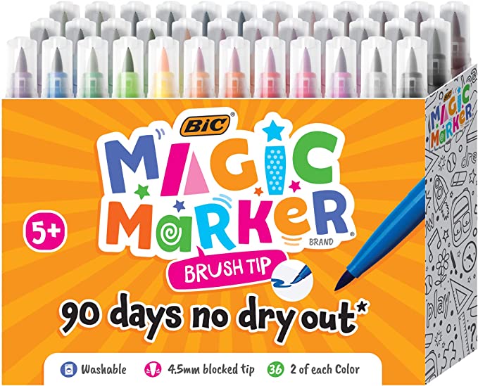 BIC Magic Marker Brush Tip, Assorted Colors, 36-Count