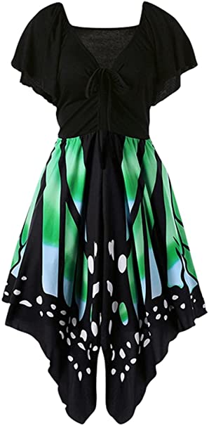 Geckatte Women's Butterfly Print Lace Up Short Sleeve Empire Waist V Neck Dress Plus Size
