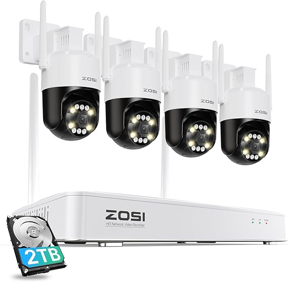 ZOSI 3K 5MP Wi-Fi 6 Security Camera System Wireless,4pcs WiFi Pan Tilt Cameras,Person Vehicle Detection,Motion Track,Color Night Vision,2 Way Audio,8CH 4K NVR with 2TB HDD for 24/7 Recording,Plug-in