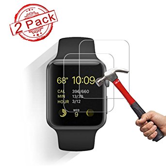 Apple Watch 42mm Screen Protector,Auideas - [Only Covers the Flat Area] Anti-Scratch, 9H Hardness, Bubble Free Tempered Glass Screen Protector for Apple Watch 42mm [2 Pack]