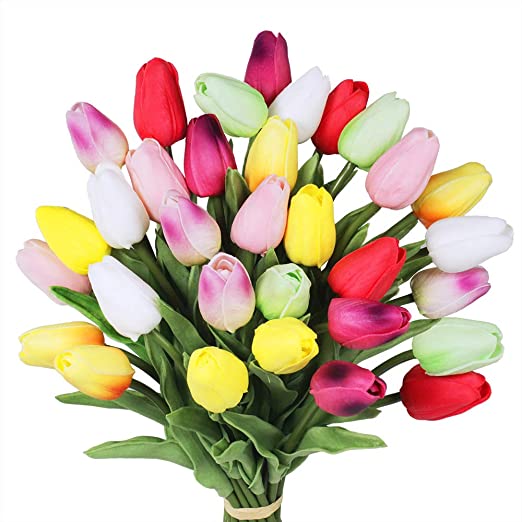 Supla 32 Pcs Multicolor 14" Artificial Tulips Flowers for Wedding Party Home Decoration