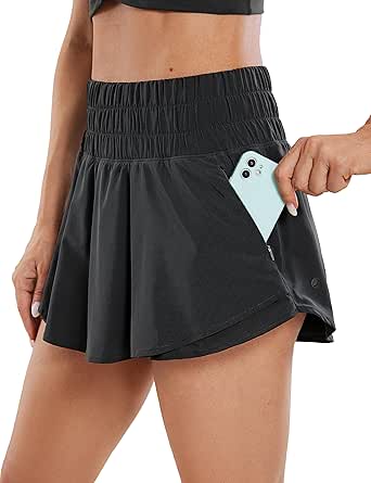 CRZ YOGA Athletic Shorts for Women High Waisted Flowy Ruffle Skirt Overlay Workout Running Tennis Shorts Zip Pocket