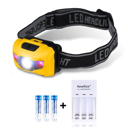 NewRice® 200 Lumens Ultra-Bright LED Headlamp Flashlight . Waterproof IPX6. Lightweight. 5 brightness light modes Adjustable White lights/Red Lights and SOS--Bonus battery and battery charger (Orange)