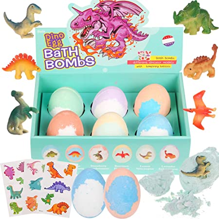 Kids Bath Bombs with Surprise Toys Inside for Girls and Boys, Dinosaur Egg Bath Bombs Gift Set for Party Favor Birthday Christmas and Holiday (XL Size 6 Pack) Include Dino Temporary Tattoos