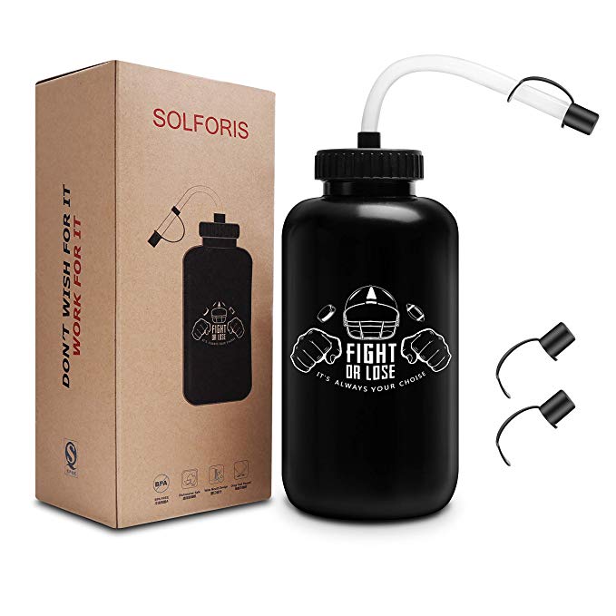SolForis Hockey Water Bottles with Long Straw, Fit for Football Lacrosse Gym Sport, Plastic Squeezable Leakproof BPA Free, No Strange Smell, Easy to Clean, 1 Liter 32 oz (Included 3 Lids)
