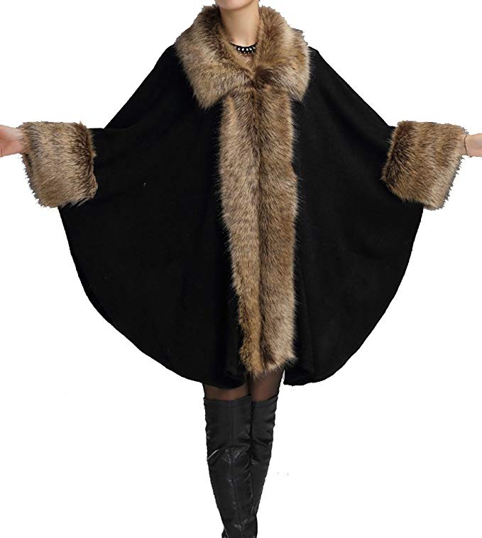 Helan Women's Luxury Style Faux Fur Cloak Cape Coat Shawl