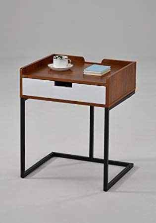 Dark Oak / White Drawer / Metal Frame Nightstand Side End Table 22.5"H - Modern Mid-Century Style