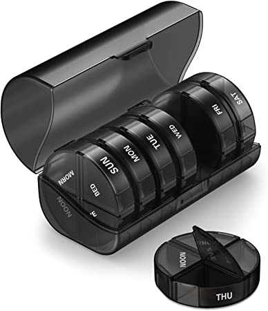 TookMag Large Weekly Pill Organizer 4 Times A Day, One Week Daily Pill Box Weekly, Pill Cases Portable for Pills/Vitamin/Fish Oil/Supplements (Black)