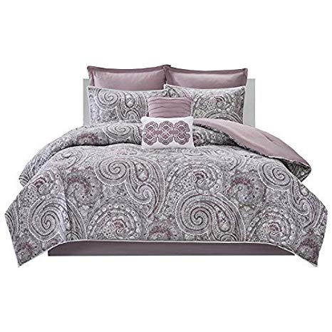 Comfort Spaces Kashmir 8 Piece Comforter Set Hypoallergenic Microfiber Lightweight All Season Paisley Print Bedding, Cal King, Soft Plum