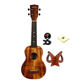 Kala 1KOA Elite Series Ukulele Gloss Finish with Snark SN6X Clip-On Tuner, Kala US-MHG-FOAM Mahogany Ukulele Stand and Custom Designed Instrument Cloth (Soprano)