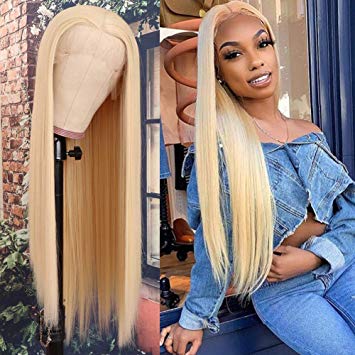 QD-Tizer Blonde 613 Lace Front Wig Long Straight Blonde Wig Natural Hair Heat Resistant Fiber Hair Synthetic Lace Front Wigs for Fashion Women 22 inch