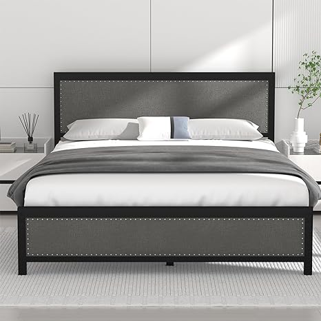 VECELO Full Size Bed Frame with Linen Fabric Headboard and Footboard, Heavy-Duty Platform with Strong Steel Slats, No Box Spring Needed, Easy Assembly, Grey