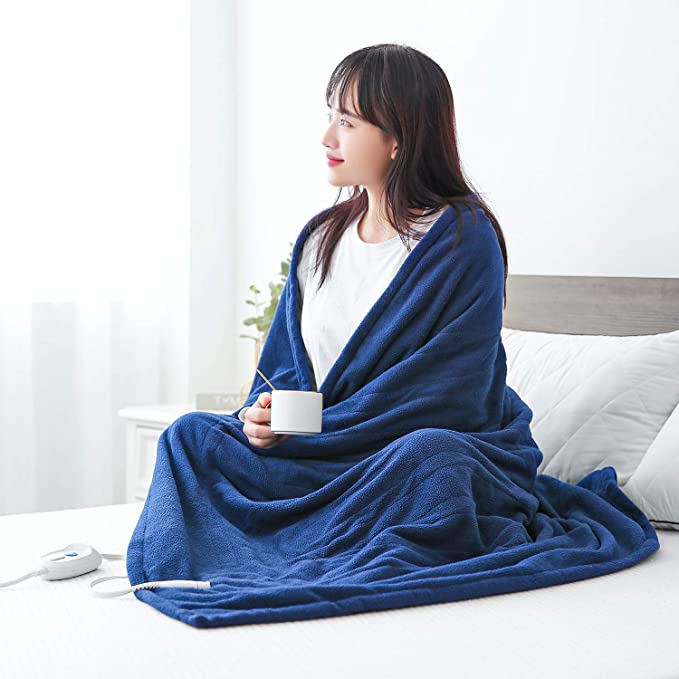 Electric Blanket Heated Throw 50" x 60" Lightweight Cozy Soft Fleece, 4 Temperature Settings Fast-Heating with 3 Hours Auto Off, Full Body Warming ETL Certified Machine Washable Home Office - Blue