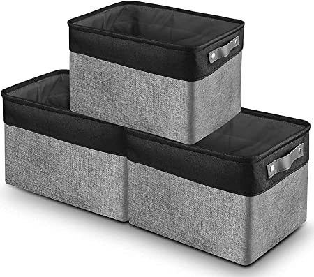 Awekris Canvas Storage Bins [3-Pack] Large Storage Basket Set for Shelf Collapsible Organizer Cubes with Handles (Black)