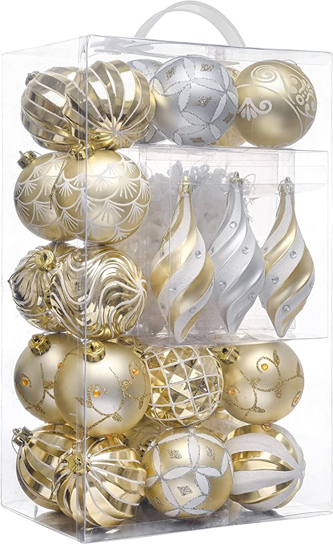 Valery Madelyn 40ct Elegant White and Gold Christmas Ball Ornaments Decor, Shatterproof Assorted Christmas Tree Ornaments Value Pack for Xmas Decoration
