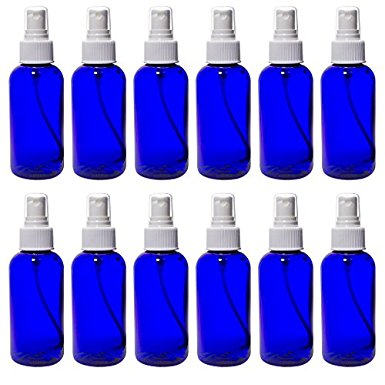 Cobalt Blue 4 oz Boston Round PET (BPA Free) with White Fine Mist Sprayer (12 pack)   Labels