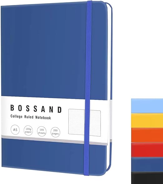 BOSSAND Lined Journal Notebook, A5 Journals for Writing, 200 Pages 100 GSM Thick Classic Ruled Paper, Hardcover, 8.25 inches x 5.75 inches, Navy Blue