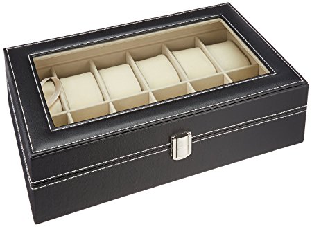 Readaeer Black Leather 10 Watch Box Case Organizer Display Storage Tray for Men & Women