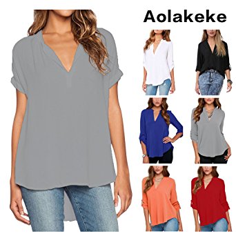 Aolakeke Women Chiffon Blouse V Neck Short/Long Sleeve Top Shirts