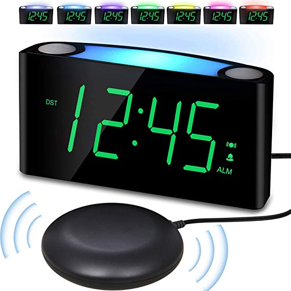 Vibrating Loud Alarm Clock with Bed Shaker for Heavy Sleeper Deaf Senior Kids, Easy to Set Digital Bedroom Desk Travel Clock, Large LED Display & Dimmer, Night Light, USB Charger 12/24H Battery Backup