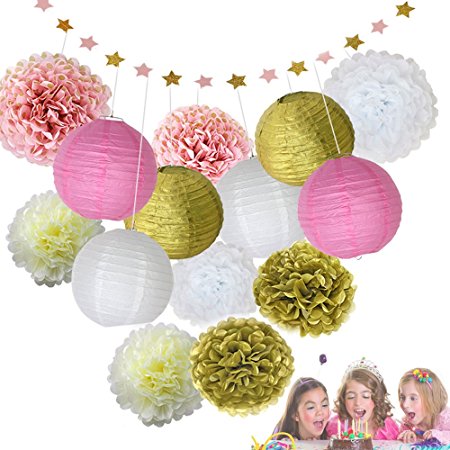 Mixed Pink Gold White Party Decor Kit Paper lantern Paper Star Garland Tissue Pom Poms Hanging Flower Ball for Wedding,Birthday,Baby,Bridal Shower,Room decor &Themed Party Decoration Favor