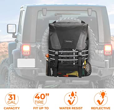 Spare Tire Trash Bag, JoyTutus Upgraded Fits 40" Tire 31 Gallons Larger Capacity Cargo Spare Tire Storage Bag for Off-Road Camping Recovery Gear Firewood Multi-Pockets Organizer for Wrangler JK JKU JL