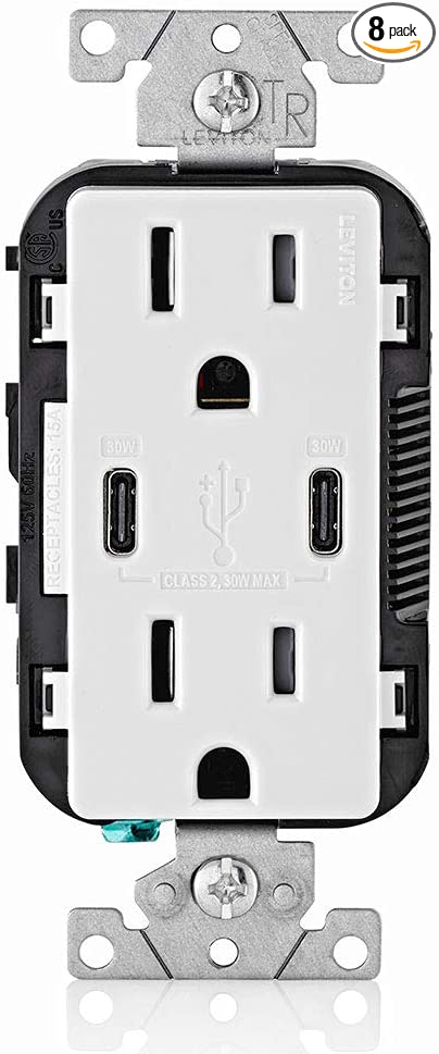 Leviton T5635-W USB Dual Type-C with Power Delivery (PD) In-Wall Charger with 15 Amp, 125 Volt Tamper-Resistant Outlet, White with Screwless Wallplates, 8-Pack