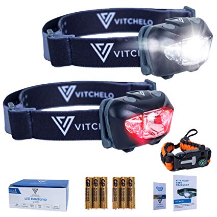 Frontal Headlamp by Vitchelo. Headlight Flashlight with Red Reading Lights & White LEDs for Running. Waterproof IPX6 Head Lamp with 168 Lumens. Light Up The Night Camping or at Home (2X Black)
