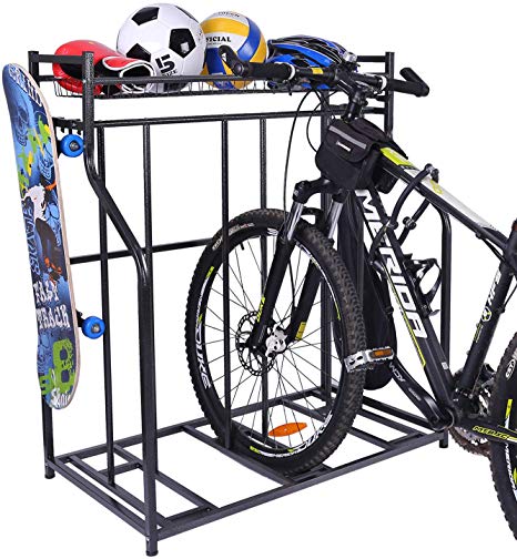 Mythinglogic Bike Rack, Bicycle Holder with Baskets Collection Organizer and 4 Hooks, 3 Bicycle Floor Parking Stands, Bike Storage Stand, Bike Rack Garage, Free Standing Bike Rack, Indoor Bike Rack