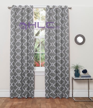 HLC.ME Lattice Print Thermal Insulated Blackout Window Curtain Panels - Pair - Chrome Grommet Top - 52" W x 84" L - Grey
