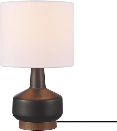 Globe Electric 61000046 15" Ceramic Table Lamp, Matte Black, Wood Toned Base, White Linen Shade, On/Off Rotary Switch on Socket, Living Room, Home Décor, Bedroom