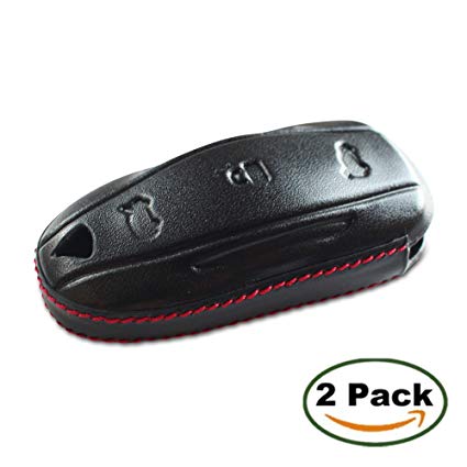 Tesla Key Fob Cover for Model S with Key Chain (Black and Brown) Genuine Leather by TeslaX Origins (2 Pack)