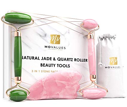 Authentic Jade Roller for Face, Rose Quartz Roller and Gua Sha Facial Tool Set - Anti-Aging Beauty Massager Set for Skin, Eyes, Neck | Tones, Firms, Depuffs and Reduces Appearance of Wrinkles